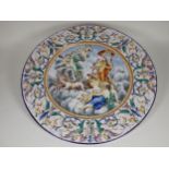 A large pair of Italian Majolica Chargers, central panels of allegorical figures, on chariot,