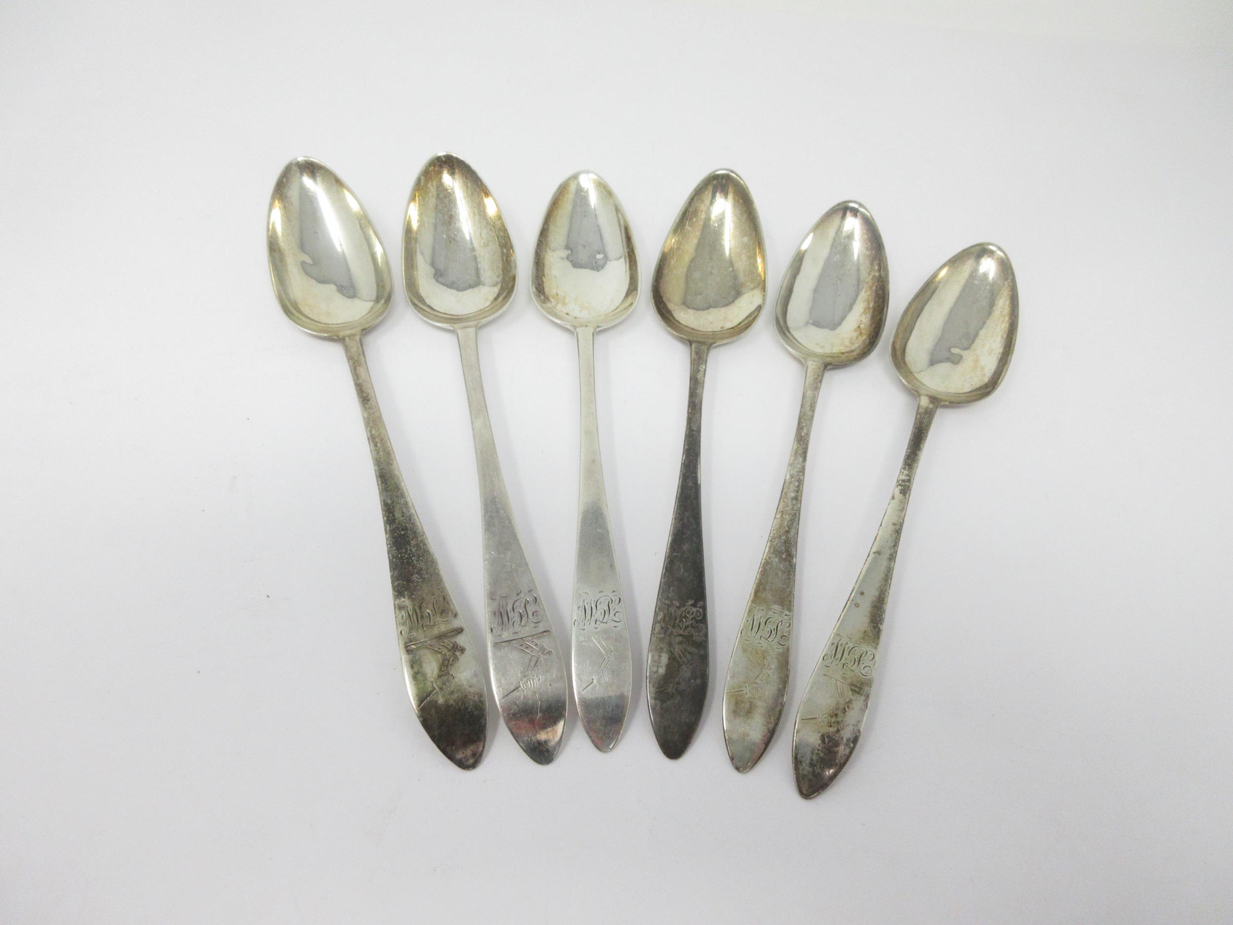Six George III Irish silver Dessert Spoons, old English pattern engraved crest and initials, - Image 2 of 4