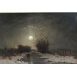 HEINZ FLOCKENHAUS (1856-1919). A Winter Landscape with Figure under a Full Moon, signed, oil on