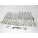 Eight silver handled Dinner and Dessert Knives with pistol grips, A/F and replacement steel