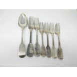Four Victorian Irish silver Dessert Forks, two Dinner Forks and a Table Spoon, fiddle pattern