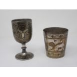 A Neillo type and white metal Goblet, 5½in H and an Eastern metal Beaker with incised motifs, 4¾in H