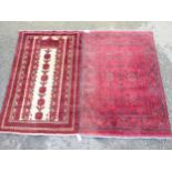A bordered Turcoman Rug with six guls on a red ground, 5ft x 3ft and a multi-bordered Prayer Rug,