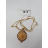 A Victorian 1879 Melbourne mint Sovereign in fancy pendant mount on chain (mount unmarked, chain