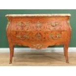 A 19th Century French kingwood bombe Commode with pink variegated marble top above two drawers with