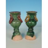 Two small Ming Dynasty ornamental Vases with ring handles and green and brown glazes, 4 1/2in H