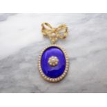 A Pearl and Blue Enamel Brooch/Pendant oval plaque with guilloche enamel within pearl frame and pear