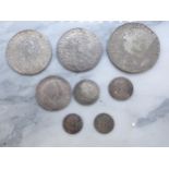 William & Mary (1689-1694) Crown 1691, Half Crown 1689 x 2, Shilling 1693, 4d 1689, 3d 1682 and 2d 1