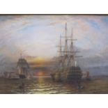 ENGLISH SCHOOL, CIRCA 1860. A Man- O'-War and other shipping off a port at sunset, oil on canvas, 12