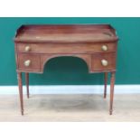 A Regency mahogany bow fronted Side Table with raised gallery back fitted one long and two short dra