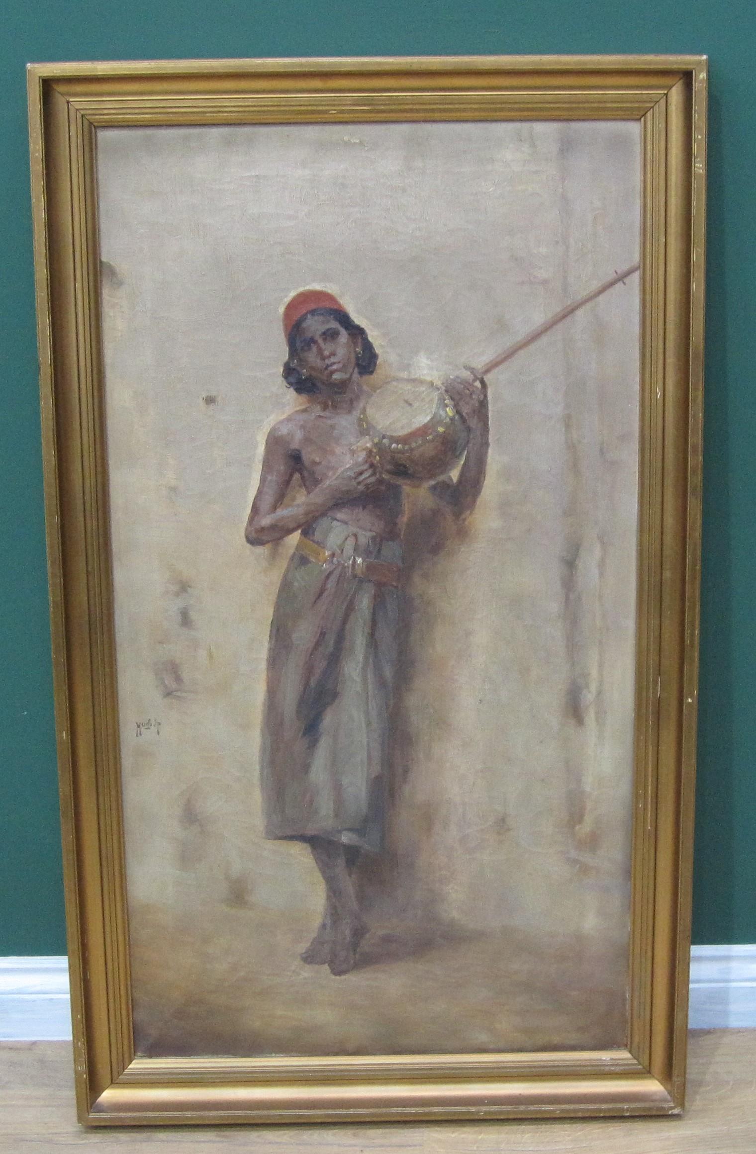 HUGO VILFRED PEDERSEN (1870-1959). A figure holding a box Sitar, indistinctly signed, oil on canvas, - Image 2 of 4
