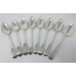 Eight George III silver Dessert Spoons, Old English pattern, engraved crests, various dates