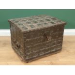 A 17th Century iron bound oak Strong Box with single key lock, two handles and strap hinged lid encl