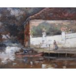 JOHN MUIRHEAD RSA (1863-1927).The Landing Stage, signed, indistinctly inscribed 'White house .. St.