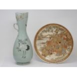 A large Celedon glaze Vase with single handle and decorated birds amongst foliage, 15in H, and a Sat