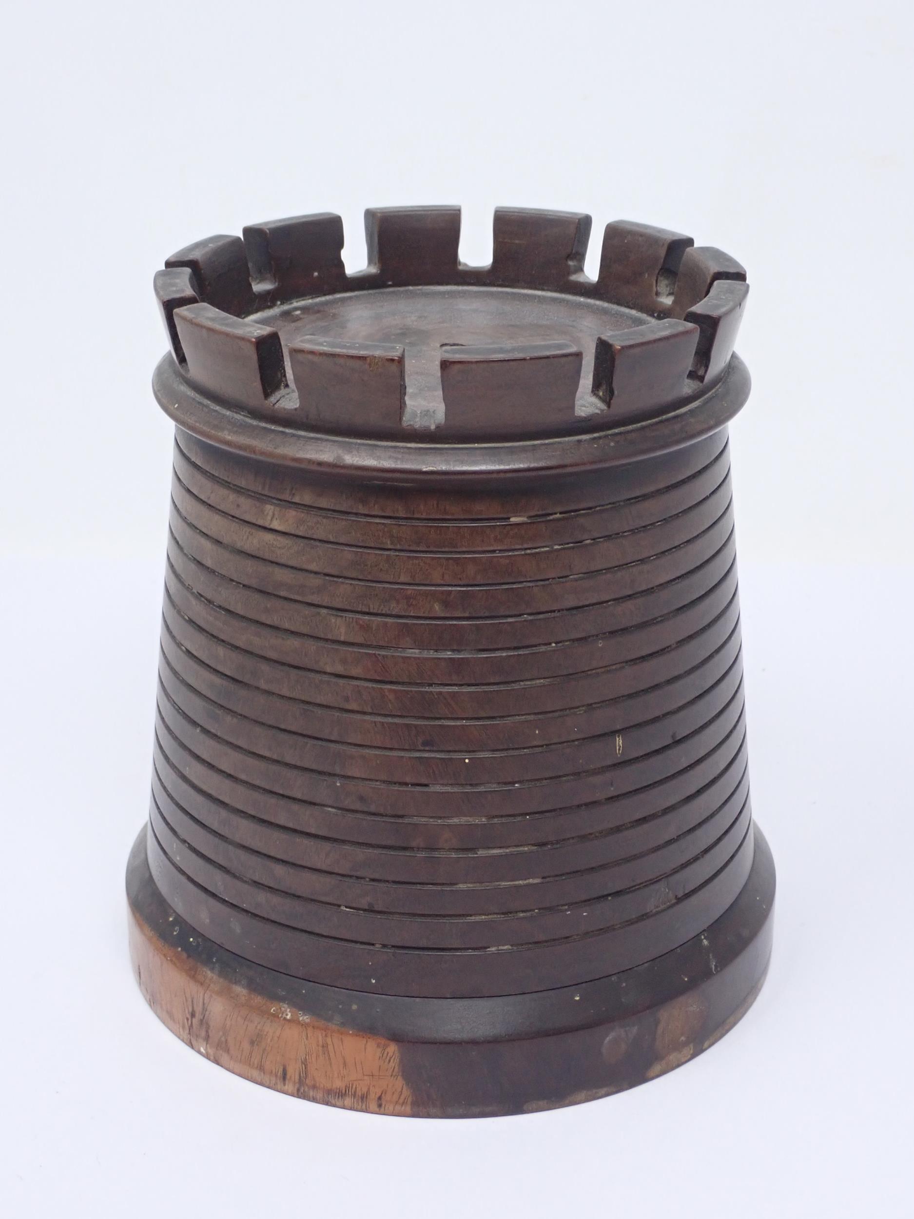 A lignum vitae String Box in the form of a tapering cylindrical castellated tower, 5¼in H - Image 2 of 4