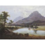 ENGLISH SCHOOL, circa 1870. A Highland river landscape with cattle watering, oil on canvas, 28 x 36i