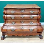 A late 18th or early 19th Century Continental mahogany bombe Chest with moulded shaped top fitted fo