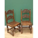 A pair of Charles II oak Derbyshire with arched scroll, mask and trefoil carved double back rails al