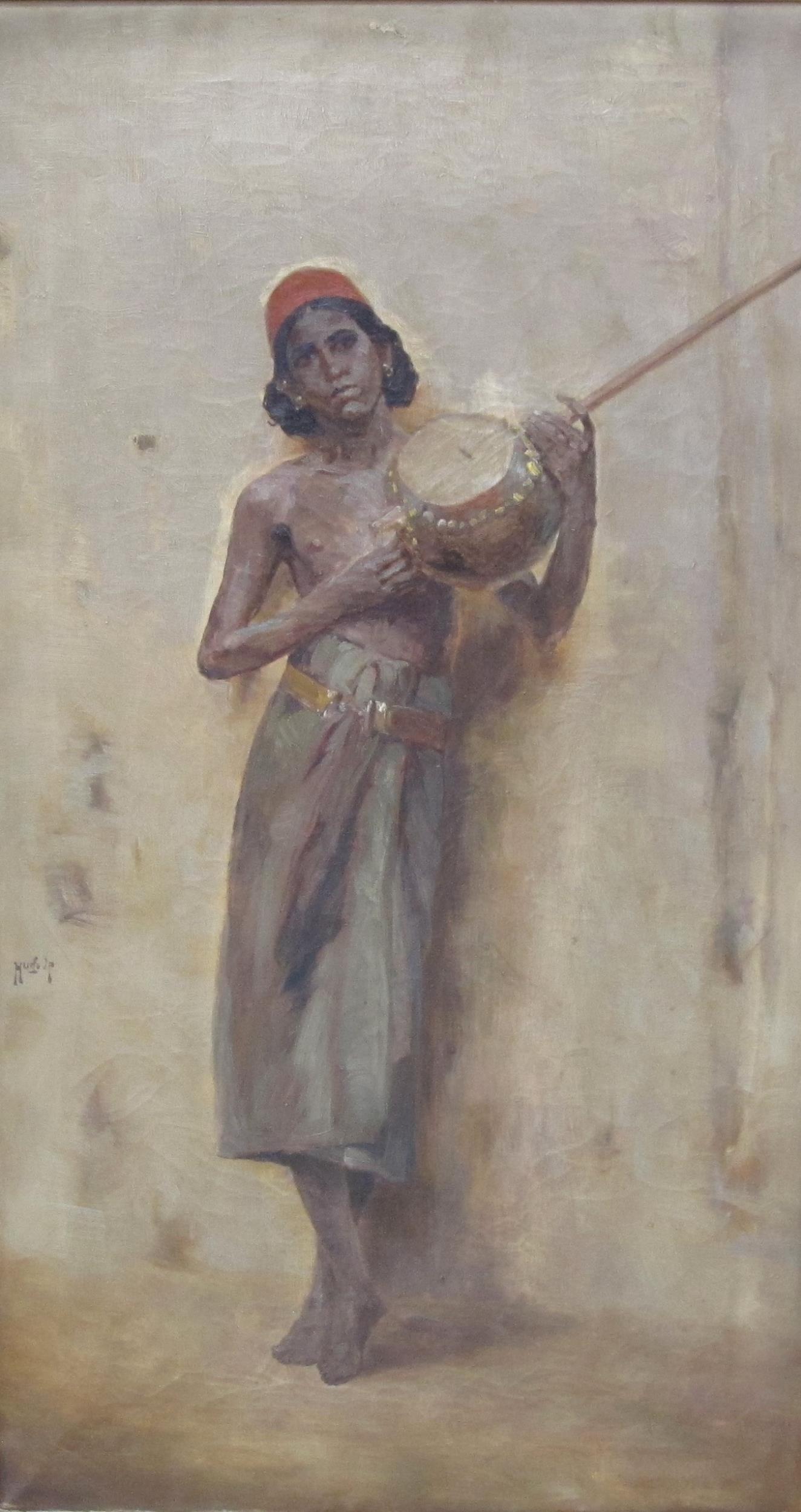 HUGO VILFRED PEDERSEN (1870-1959). A figure holding a box Sitar, indistinctly signed, oil on canvas,