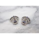 A pair of Art Deco Clips millegrain-set baguette-cut sapphires and synthetic white brilliant-cut sto