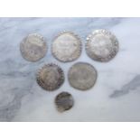 James I (1603-25) Shillings (2), Sixpences 1605, 1606 and 1621, and a Half Groat (the last bent as a