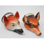 Two fox mask Stirrup Cups, one titled 'Tally Ho' and another with white metal lid having embossed fl