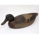 A vintage carved and painted drake Mallard Decoy with glass eyes 16 1/2in L
