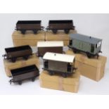 Six boxed Bassett-Lowke 0 gauge LMS 1352/0 Open Wagons, a boxed BR 1364/0 Brake Van, all near