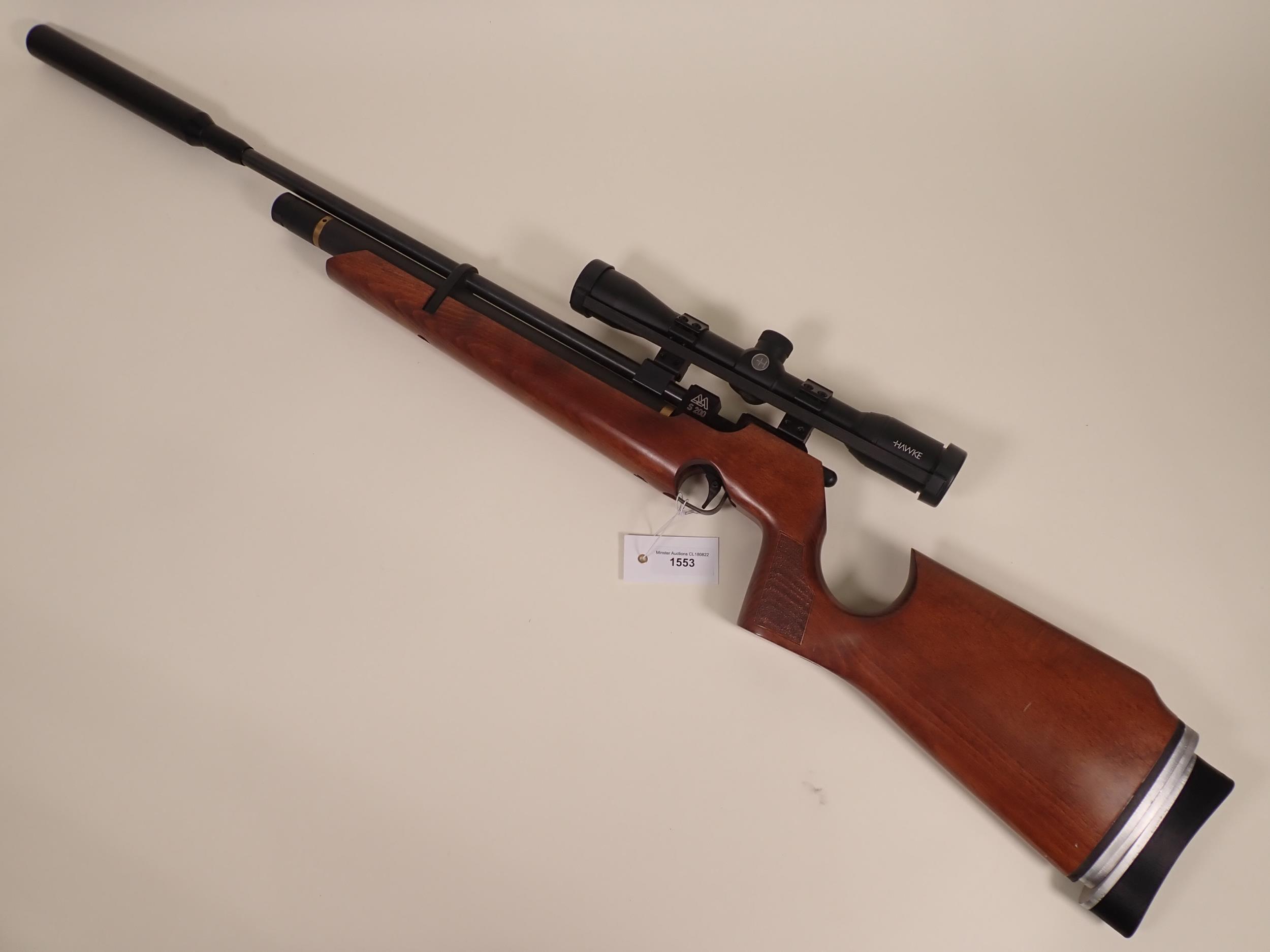 An Air Arms S200 .22 PCP Air Rifle with sound moderator and Hawke 4x32 telescopic sight