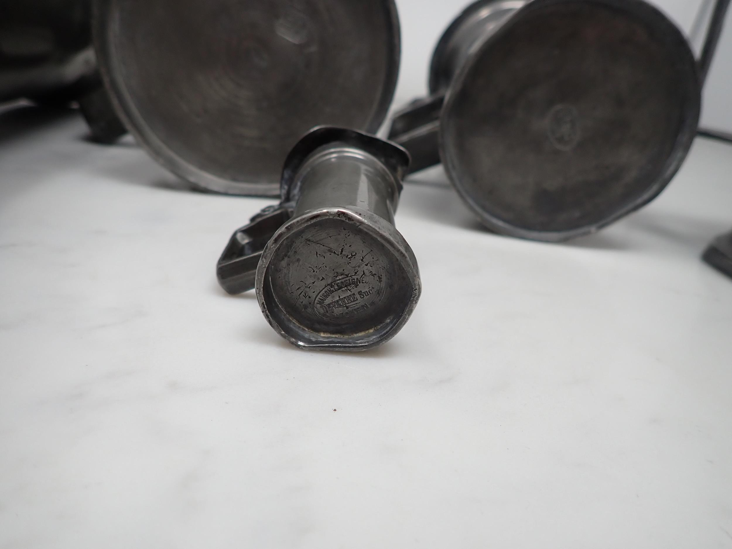 A set of seven French antique pewter graduated Measures with hinged lids, Double Litre - Double - Image 6 of 6