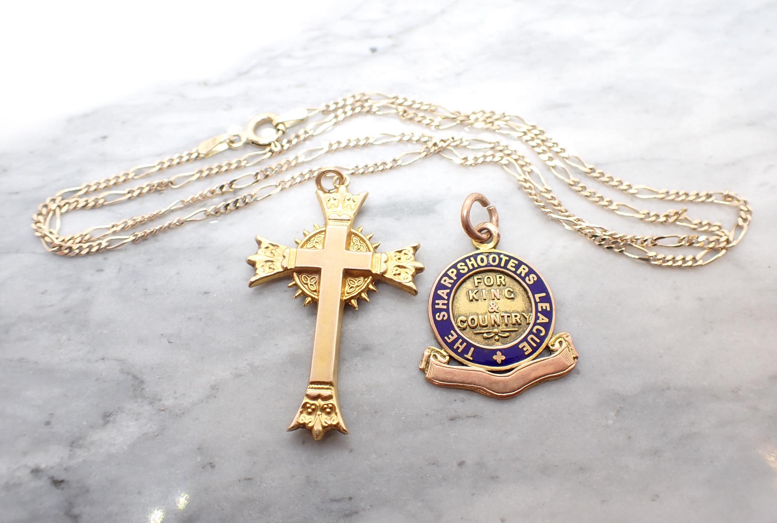 A 9ct gold Pendant Cross and fancy-link Chain and a 9ct gold Fob with blue enamel 'The Sharpshooters