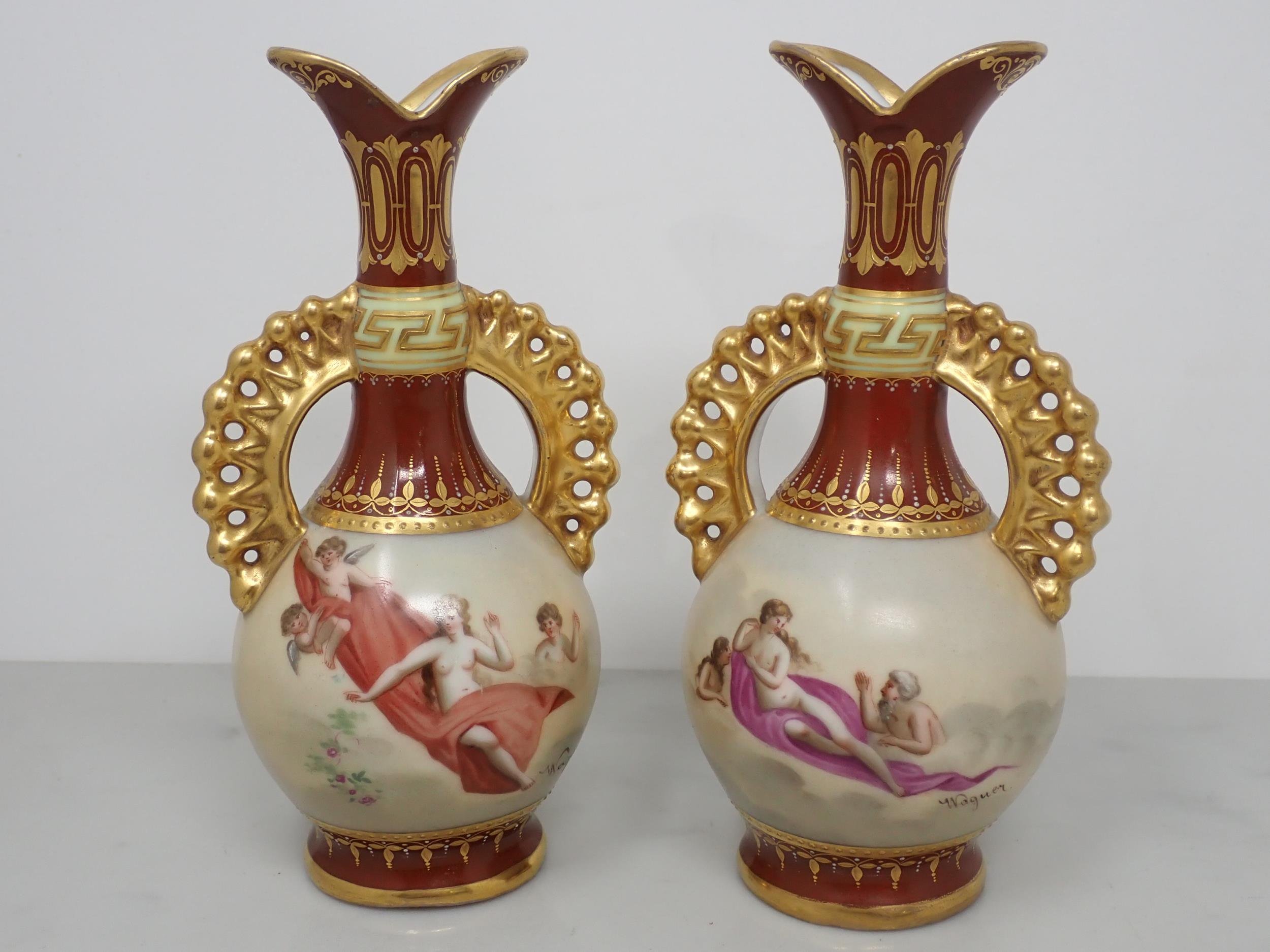 A pair of Royal Vienna Cabinet Vases, signed Wagner, decorated with classical scenes on both - Image 3 of 6