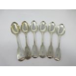 Six George IV silver Dessert Spoons fiddle pattern engraved initial B, London 1824, maker: B.D.,