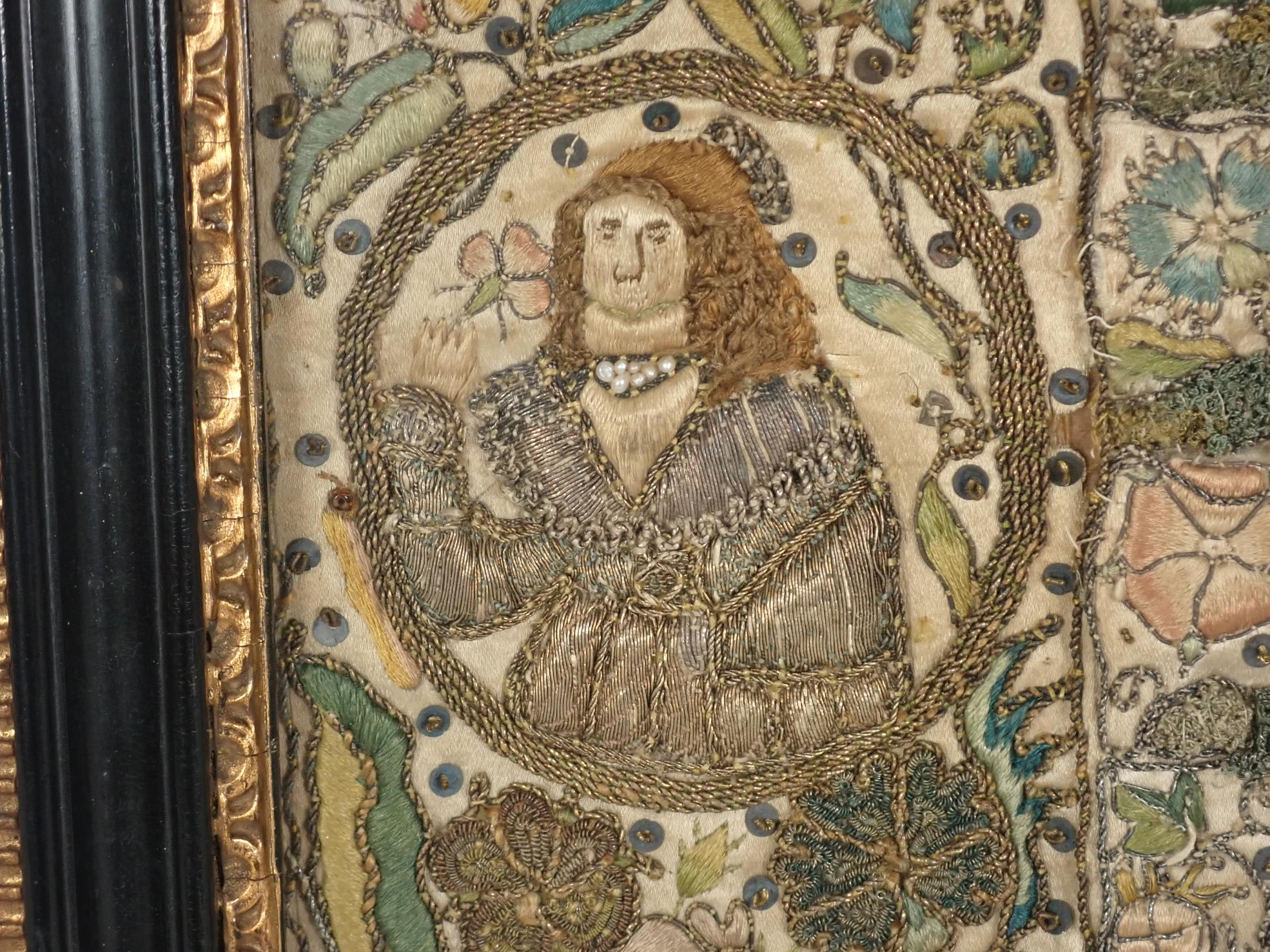 A 17th Century Stumpwork Panel depicting two portraits of figures with floral motifs in gold and - Image 2 of 12