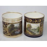 A pair of 19th Century Crown Derby large Mugs with painted scenes of 'River in Perthshire' and 'In
