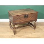 An 18th Century oak Bible Box on Stand with hinged top, carved front on bobbin turned supports and