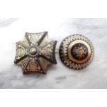 A Tortoiseshell Brooch in the shape of a Maltese Cross with piqué decoration and another circular