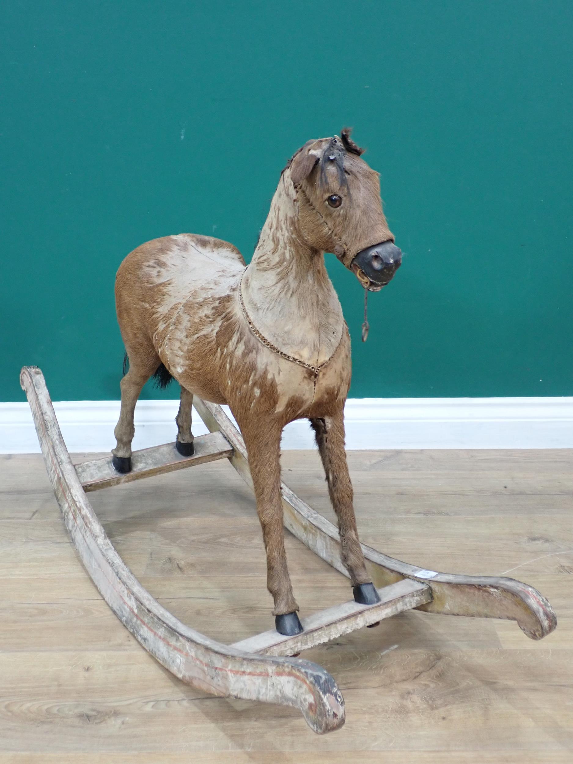 An antique fur covered Rocking Horse on white painted rockers 3ft 2in L x 2ft 2in H - Image 2 of 6