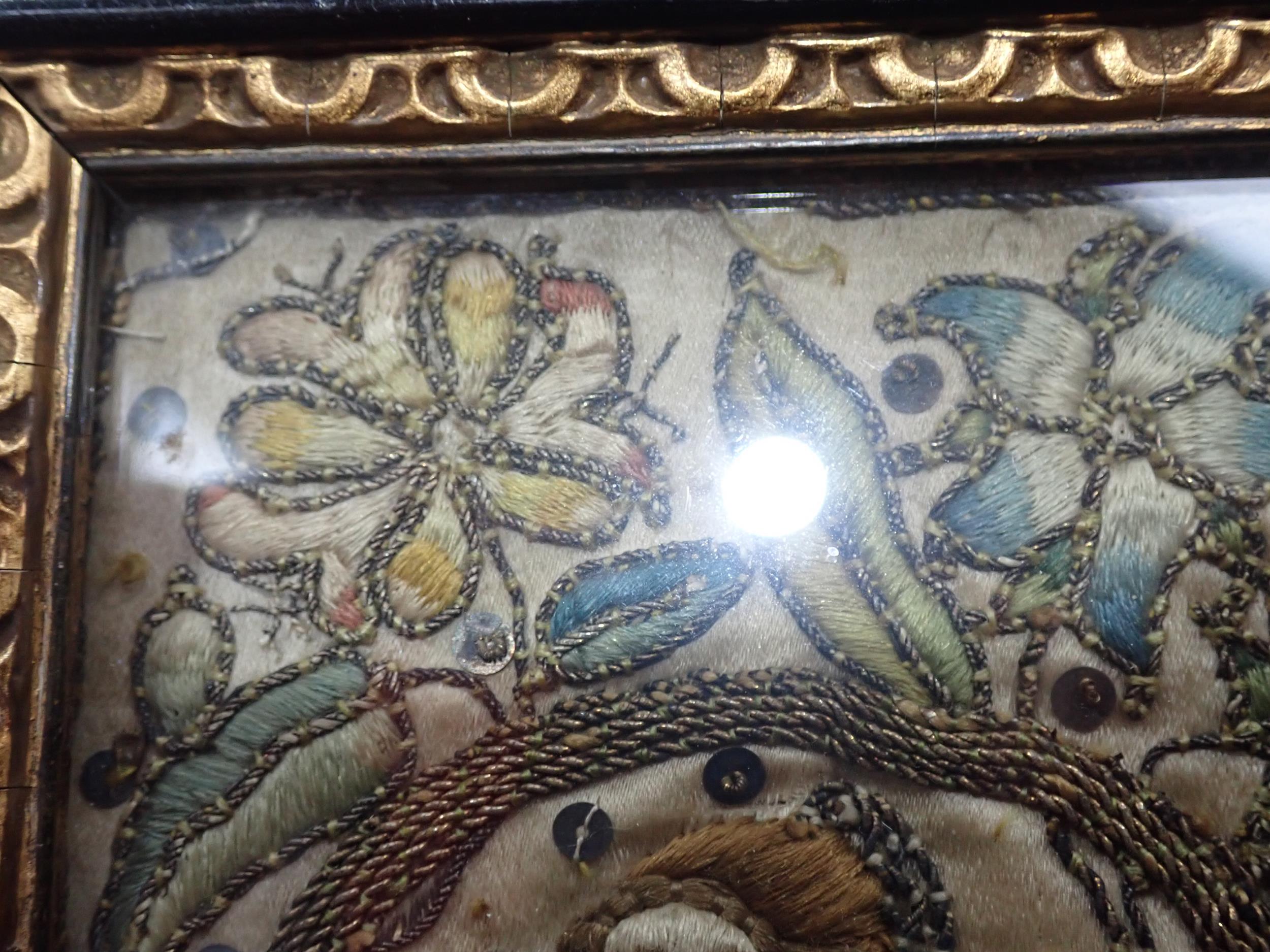 A 17th Century Stumpwork Panel depicting two portraits of figures with floral motifs in gold and - Image 8 of 12