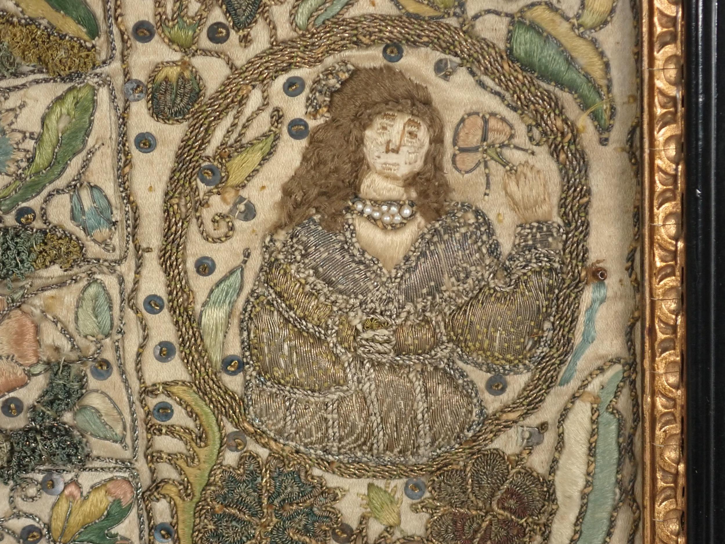 A 17th Century Stumpwork Panel depicting two portraits of figures with floral motifs in gold and - Image 3 of 12