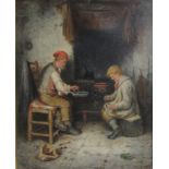 MARK WILLIAM LANGLOIS (1848-1924). Roasting conkers by a fire, signed, oil on canvas, 22½ x 18in