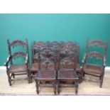 A matched set of ten Charles II oak Derbyshire style Dining Chairs with carved backs, solid seats on