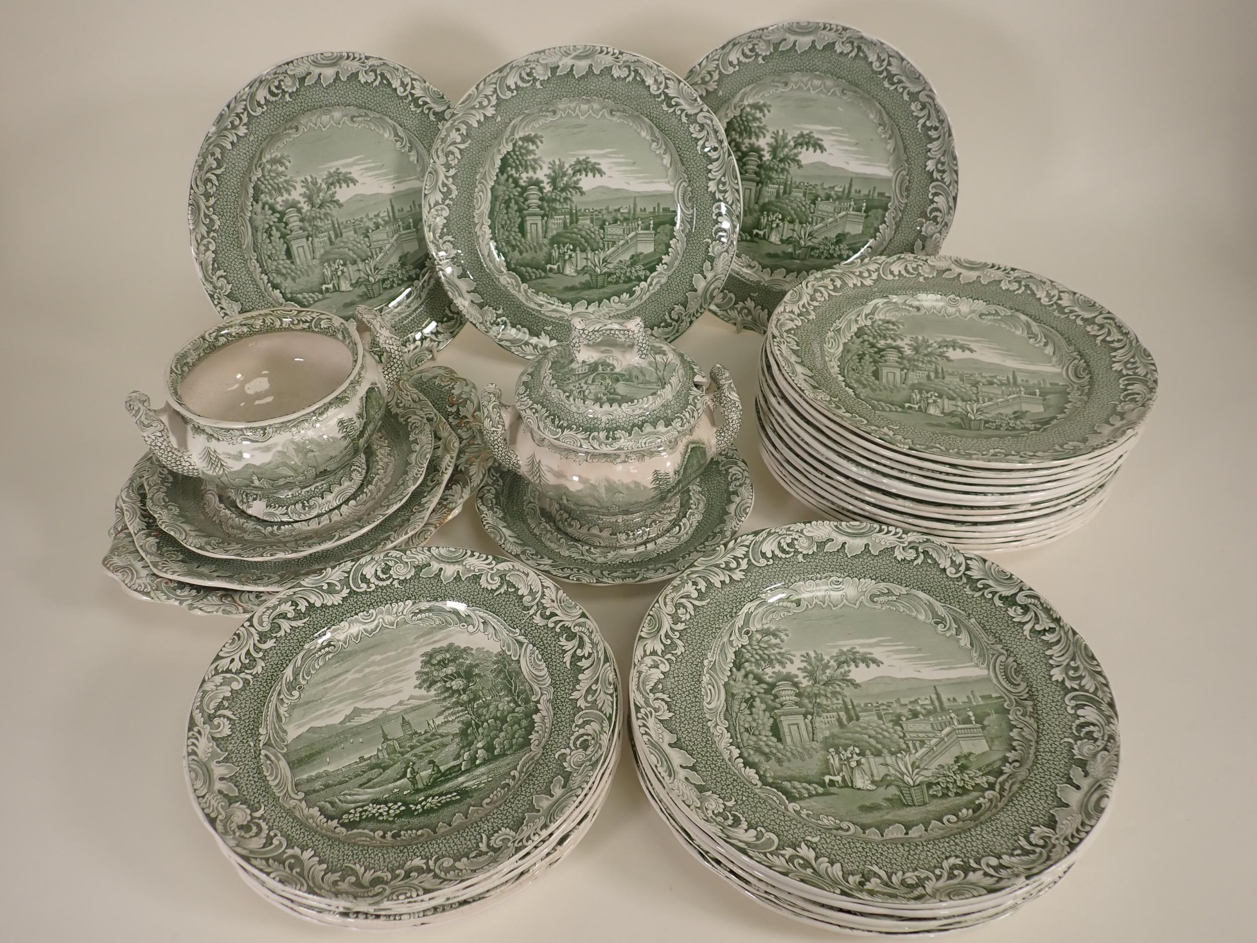 Thirty four Copeland and Garrett green and white Dinner Plates, "Bologna" pattern, 10in D and six