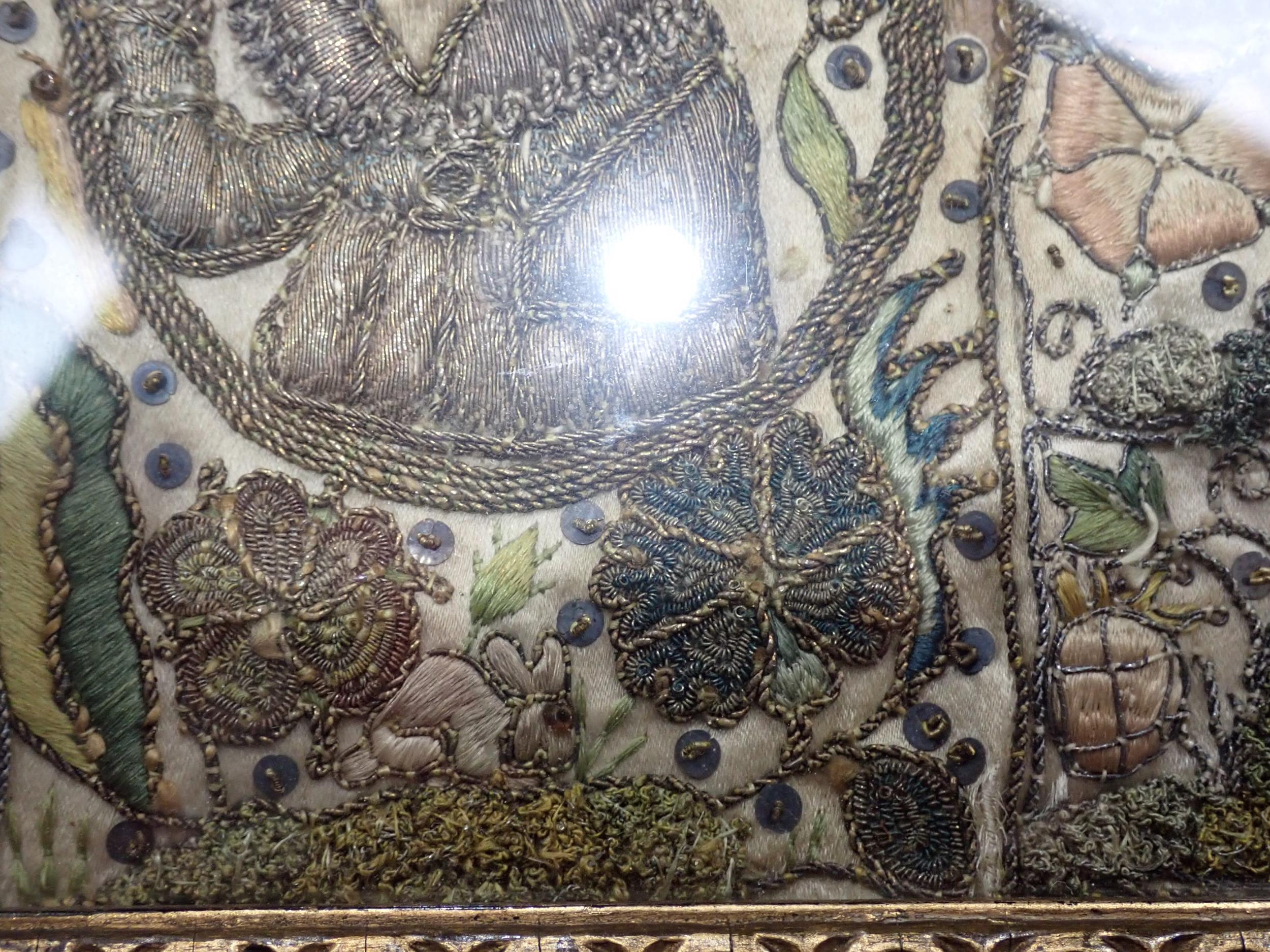 A 17th Century Stumpwork Panel depicting two portraits of figures with floral motifs in gold and - Image 7 of 12