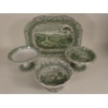 A Copeland and Garrett green and white "Thun" pattern Turkey Dish with gravy well, 21in, a "