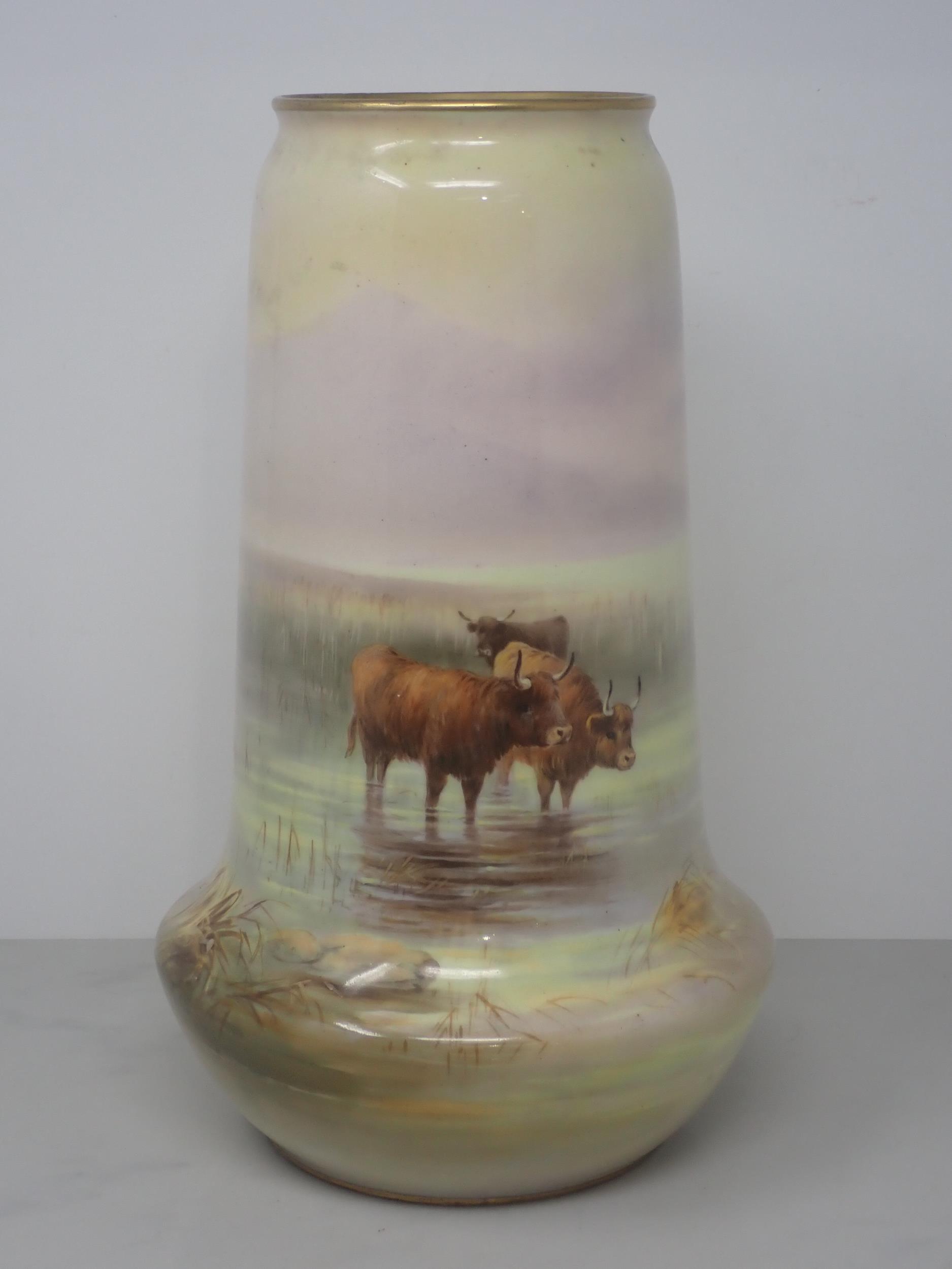 A Royal Worcester Vase, signed H. Davis (Harry Davis), painted highland cattle stood in a stream, - Image 3 of 7