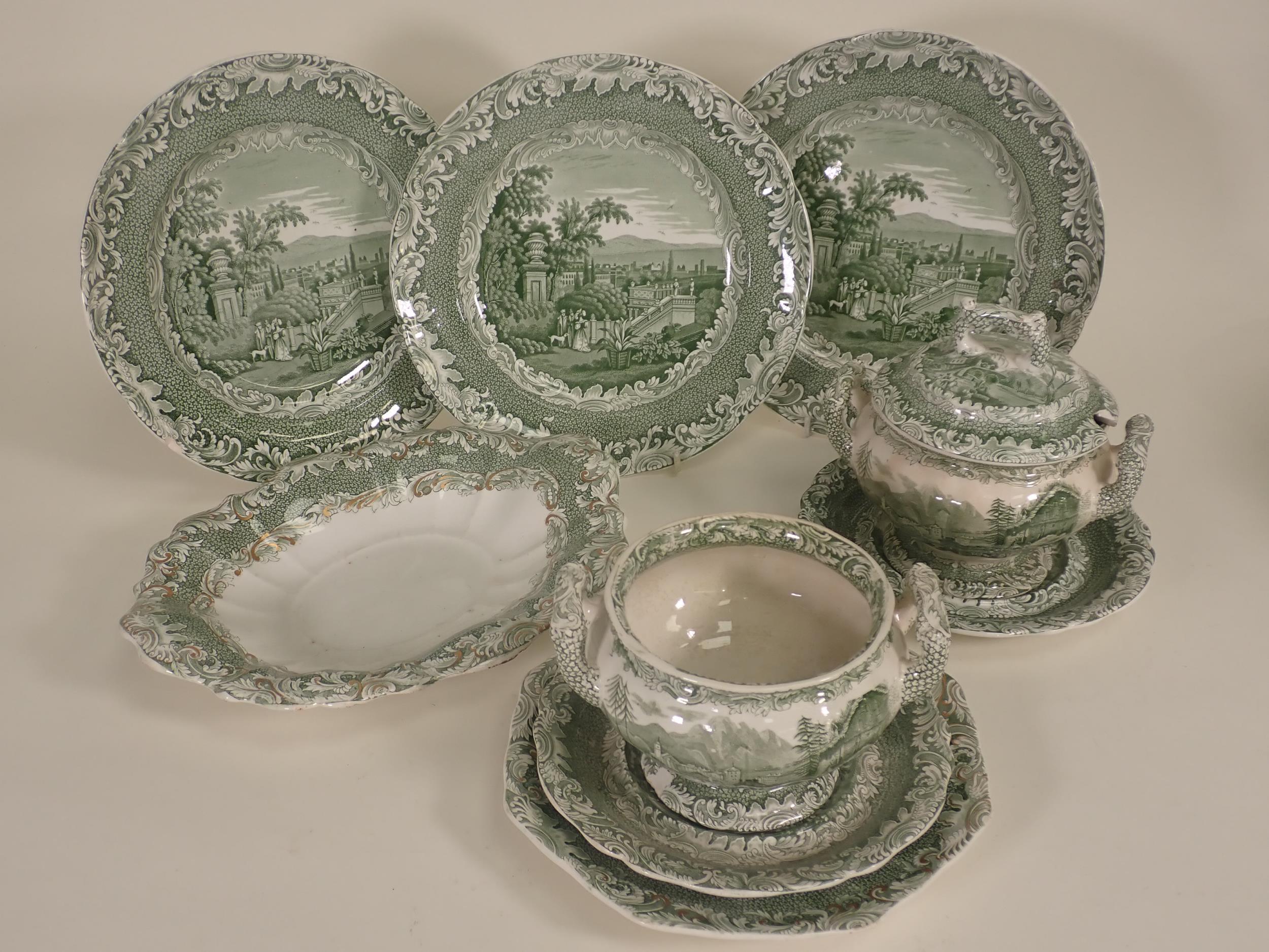 Thirty four Copeland and Garrett green and white Dinner Plates, "Bologna" pattern, 10in D and six - Image 2 of 3