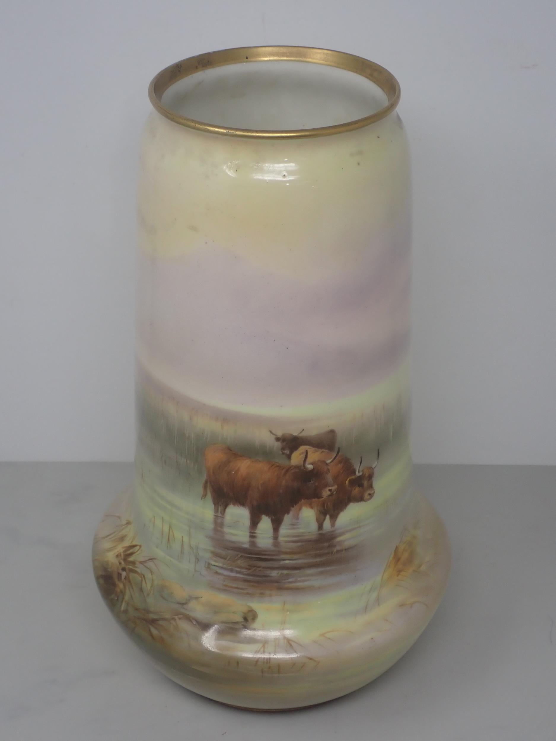 A Royal Worcester Vase, signed H. Davis (Harry Davis), painted highland cattle stood in a stream, - Image 4 of 7