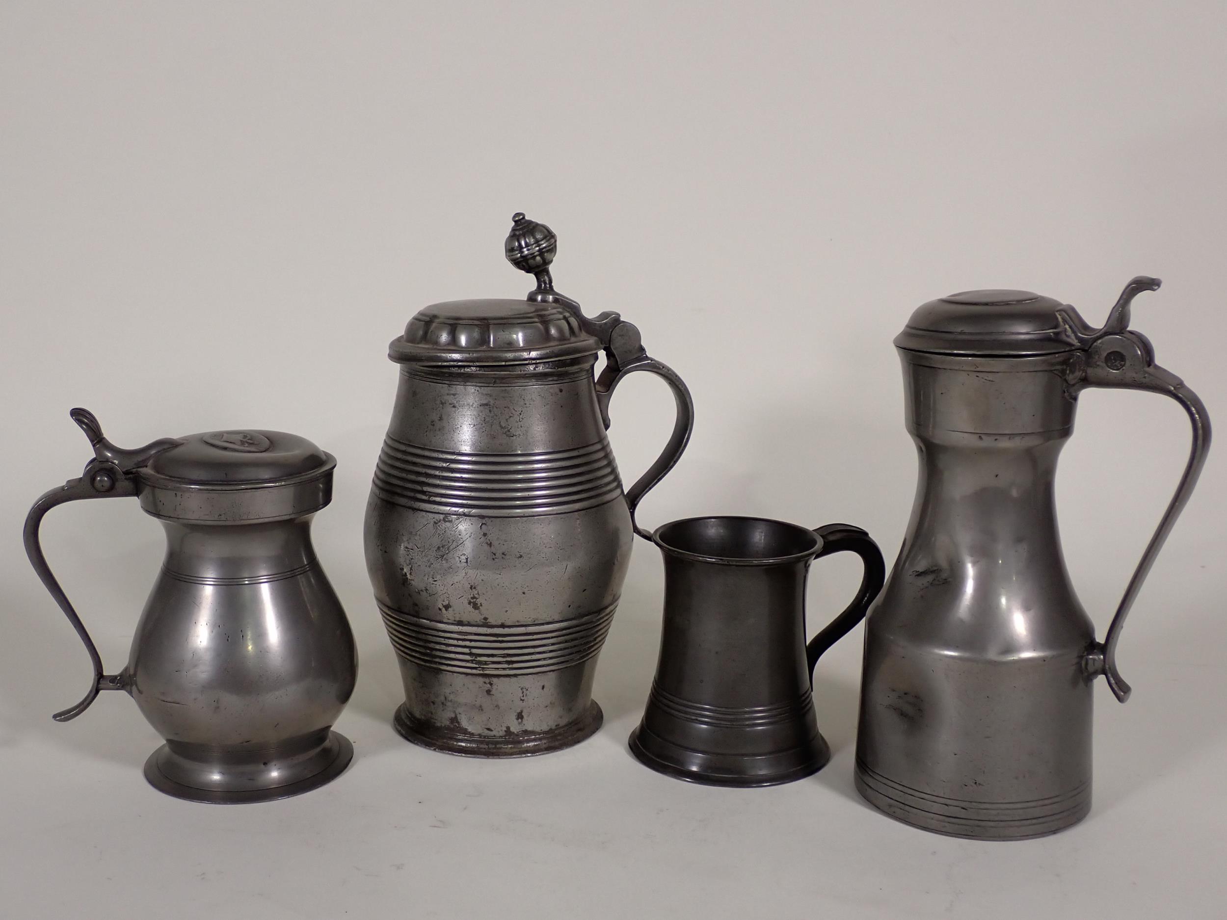 An antique Continental pewter lidded Tankard 9in H, another pewter lidded Tankard with knopped - Image 4 of 6